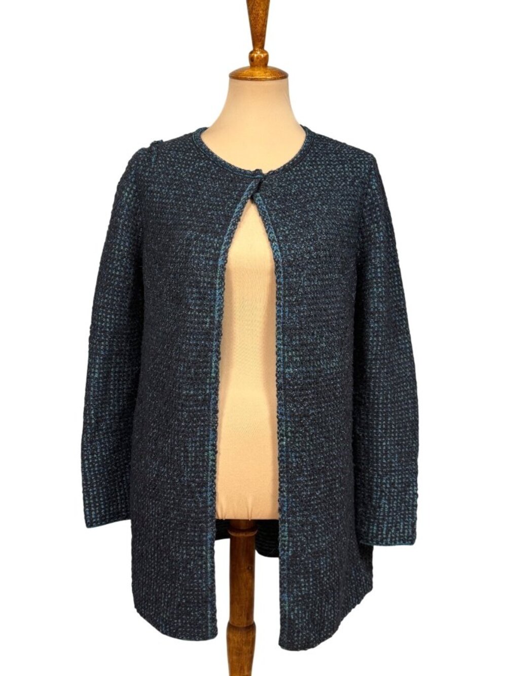 M Missoni Womens Wool Open Front Cardigan Sweater Blue Green Textured Knit Size